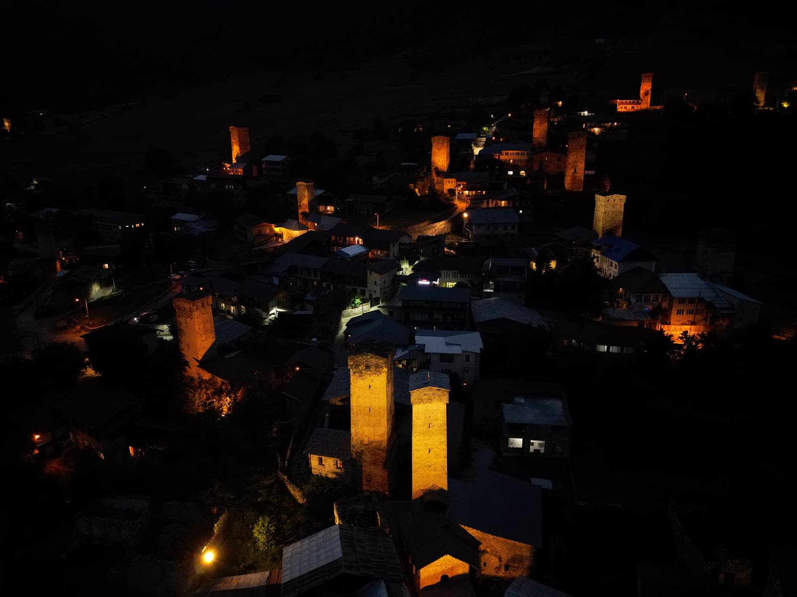 Mestia towers at night
