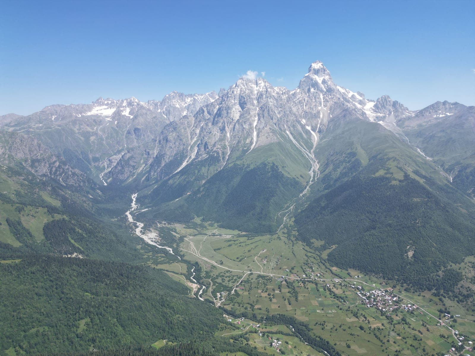 Ushba massif above the valley